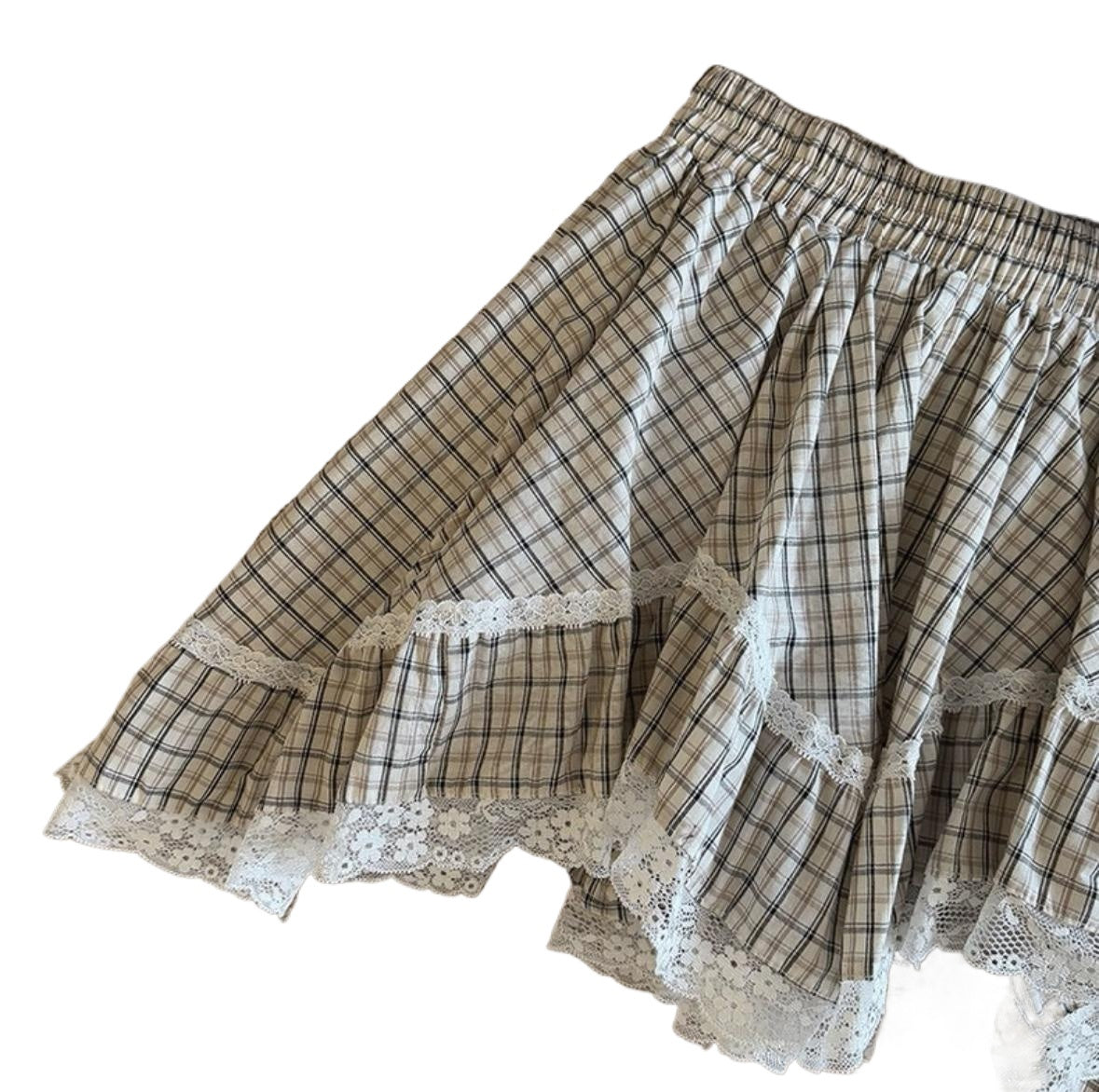 Y2K Plaid Mini Skirt Shorts for Women High Waist Ruffle Hem Lace Trim Skirt Pants with Built-in Safety Shorts